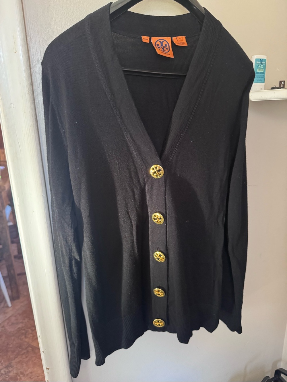 Tory Burch Women's Black V-Neck Cardigan Simone gold Buttons Medium